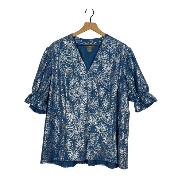 Olivia & Martin Peasant Top Plus Size 2X Blue Silver Metallic Palm Leaves Boho - Picture 1 of 9